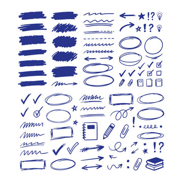 Hand drawn blue highlights, underlines and emphasis crayon elements. Blue pen check marks, ovals and school notebook silhouettes set collection pack bundle black shape icon silhouette vector flat illu