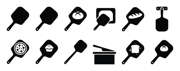 Naklejka na ściany i meble Collection of black silhouette pizza peel and baking tool icons on a clean white surface
