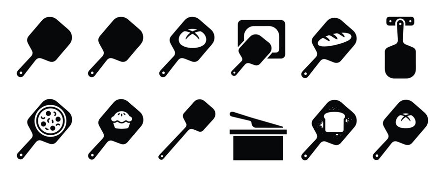 Collection of black silhouette pizza peel and baking tool icons on a clean white surface