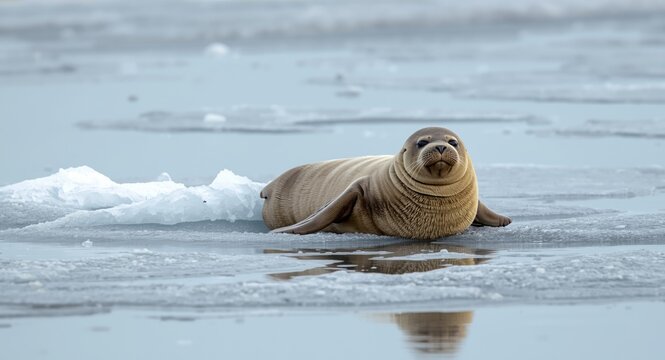 Young Baikal seal resting on melting lake ice in early spring