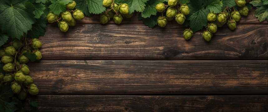 Wild grape leaves and green hop cones framing a wooden textured background with copy space