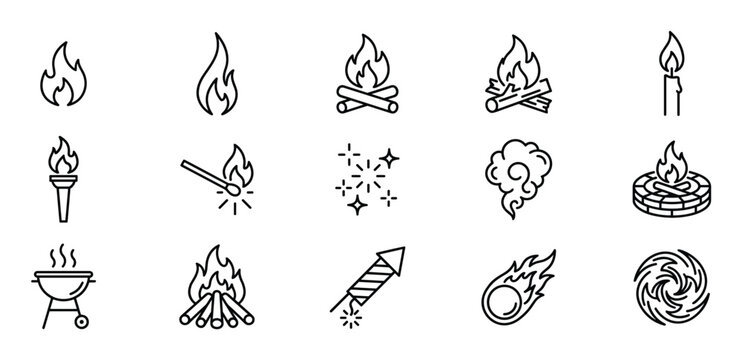 Collection of various black line art icons depicting fire, flames, and related elements in a clean, modern style