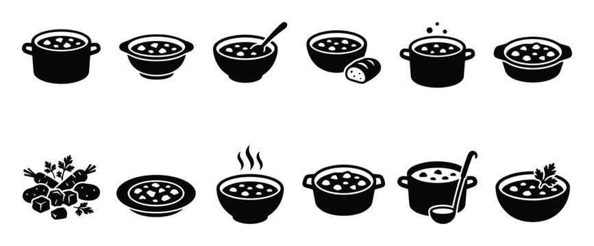 Collection of black and white icons depicting various bowls and pots of soup, some with spoons or bread