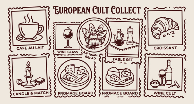 European food culture, wine and cheese stamps, bakery product line art, gourmet dining icons, french cafe background, culinary travel vector, hand 
