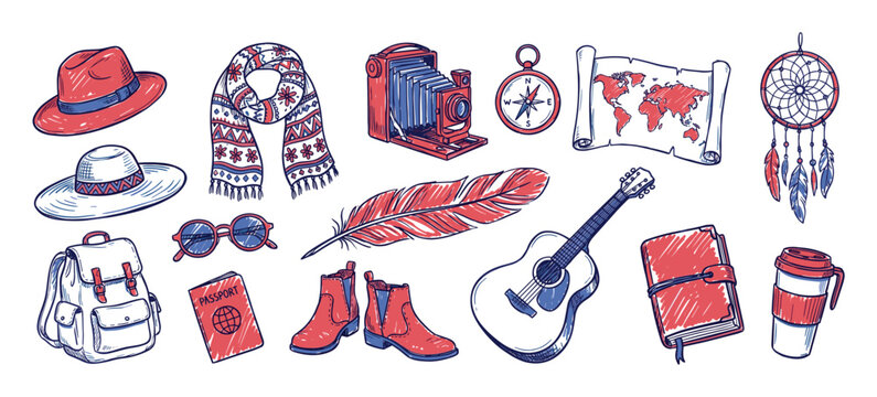 Various hand-drawn travel and adventure items, including hats, a scarf, camera, map, and guitar, in a vibrant sketch style