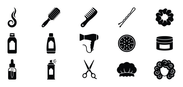 Comprehensive collection of fifteen black silhouette icons representing various hair care products and styling tools