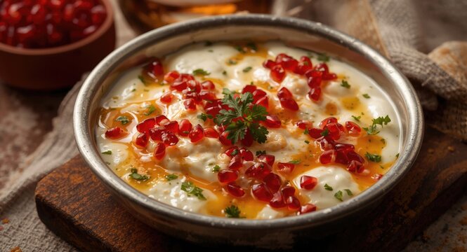Street food style dahi bhalla with yogurt, tamarind sauce, and colorful pomegranate seeds garnish