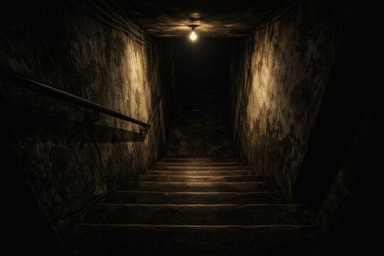 Shadowy staircase descending into a dimly lit basement with eerie distressed walls