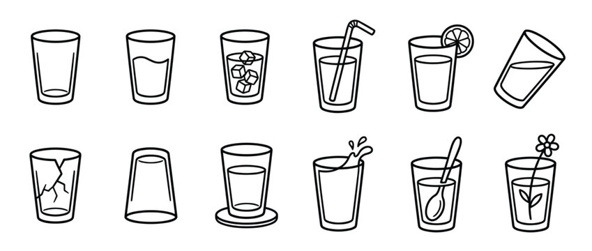 Collection of various outline style drinking glasses, some empty, some with liquid, ice, or accessories, presented as a set of simple icons
