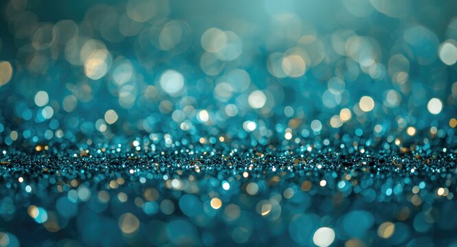 Shimmering teal and sapphire glitter bokeh wallpaper with gold sparkles and crystal droplets