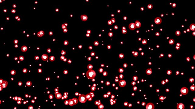 Flying social media heart icons on transparent background, red love emoji reaction animation for live streaming and viral content marketing