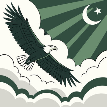 Majestic eagle flying with pakistan flag colors and crescent moon in the sky with national bird with graphic design with dark green with graphic resource with freedom fighter