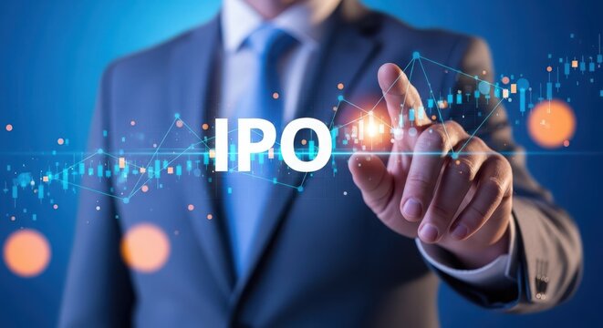 Businessman in blue suit interacting with ipo stock market graphic on blue background