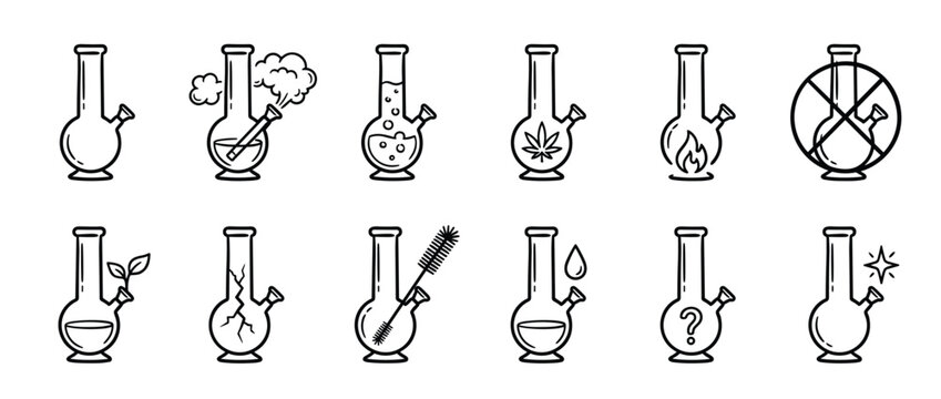 Collection of simple line art bong icons depicting various states and actions, presented in a clean, graphic style