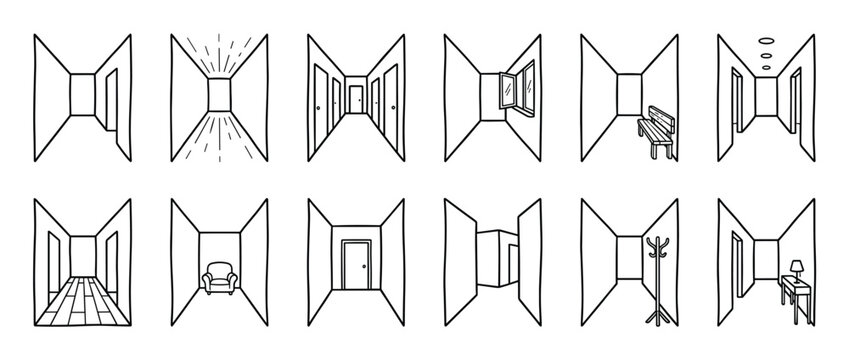Collection of twelve simple hand-drawn line art illustrations depicting various interior room perspectives and architectural elements