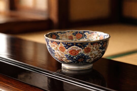 Japanese Imari ware rice bowl displayed on a polished lacquer shelf with a softly blurred background