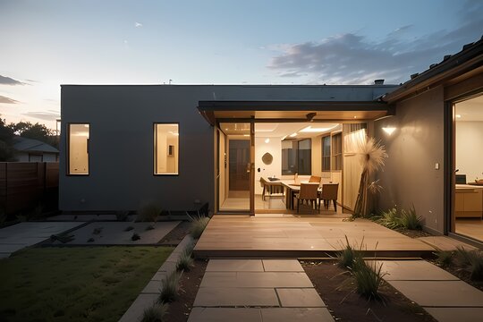 A sleek one-story minimalist house featuring a clean grey facade, large windows, and a wooden deck entrance. The warm interior lighting creates a cozy atmosphere against the soft sunset sky.