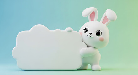 Fototapeta premium Cute white cartoon bunny holding a blank white cloud sign on colorful background transparent background
