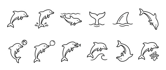 Obraz premium Collection of twelve simple black outline dolphin illustrations in various playful poses and activities, clean graphic style