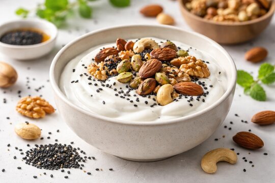 Creamy yogurt bowl garnished with black sesame seeds and mixed nuts on a white surface for health promotion