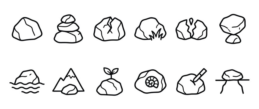 Collection of various simple black outline rock and stone icons on a clean white surface, presented in a minimalist style