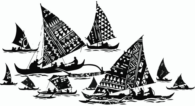 Traditional outrigger canoes with patterned sails glide across the water under a bright sky.