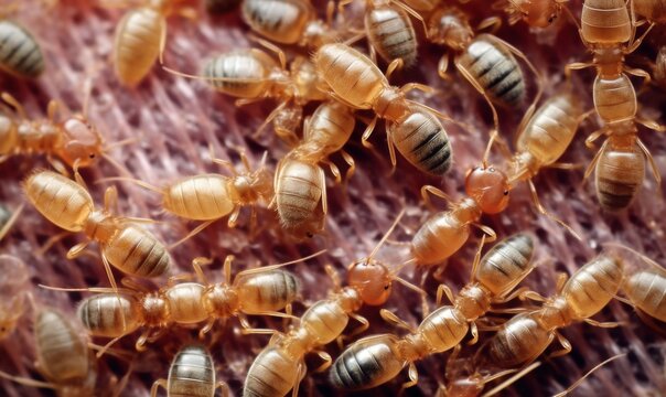 Une infestation massive de termites ouvri&egrave;res rampant sur une surface fibreuse, illustrant les dommages caus&eacute;s par ces insectes ravageurs.