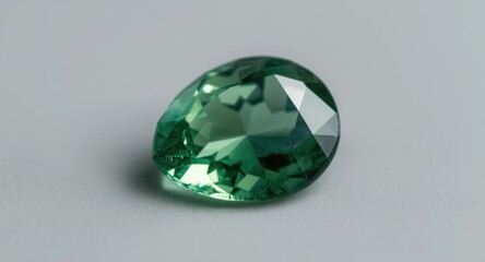 Fototapeta premium Closeup of faceted radiant green sapphire gem shining softly on a gentle gray backdrop