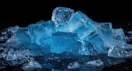 Fototapeta premium Artistic close up of melting blue ice cubes with dark background