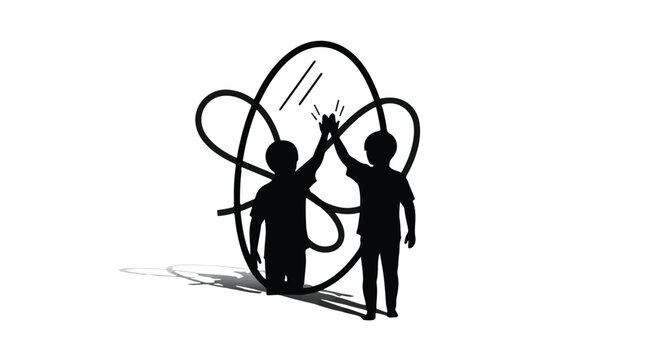 Two children give each other a high five in front of a reflective, abstract mirror.