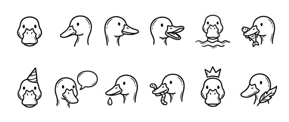 Obraz premium Collection of cute cartoon duck heads in various poses and expressions, drawn in a simple black outline style