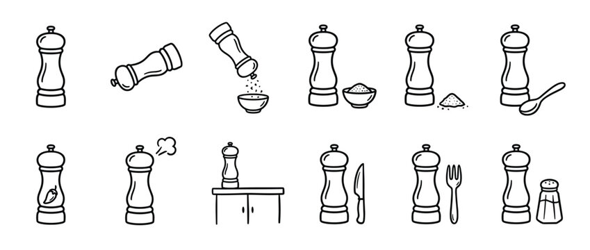 Collection of hand-drawn black and white pepper mill and salt shaker icons for kitchen and cooking concepts