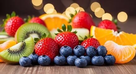 Obraz premium Bright and colorful display of assorted fresh fruits on wooden surface
