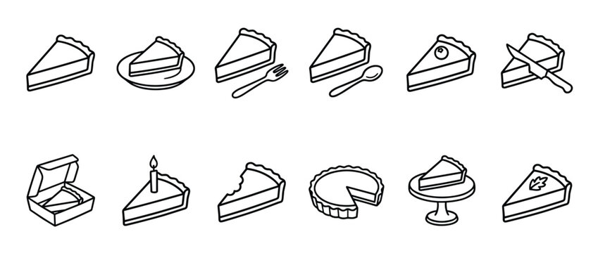 Collection of black outline pie slice icons showing various dessert concepts and serving styles