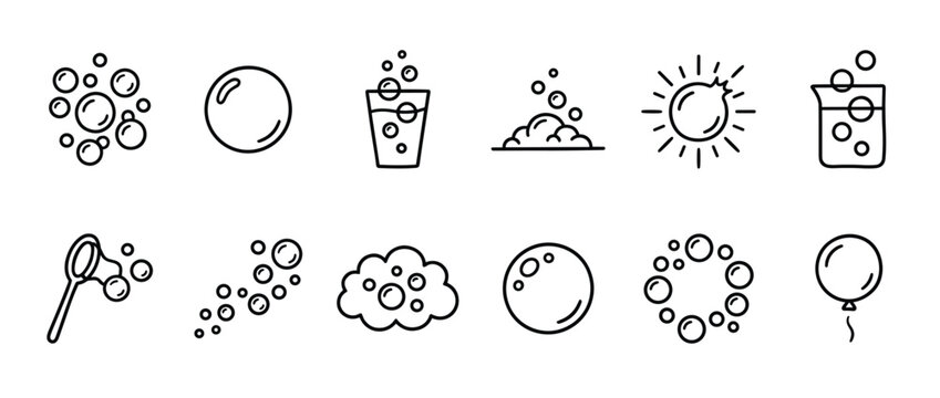 Collection of various bubble-themed line art icons, including soap bubbles, foam, a bubble wand, and a balloon, presented in a clean, minimalist style