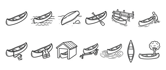 Fototapeta premium Collection of hand-drawn canoe illustrations depicting various scenarios, including a canoe on water, on land, with a paddle, and with a person