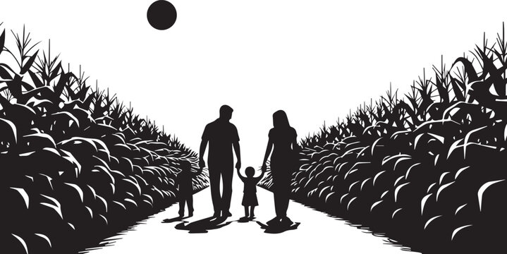 Family Walking Through Cornfield Silhouette Graphic Vector Illustration