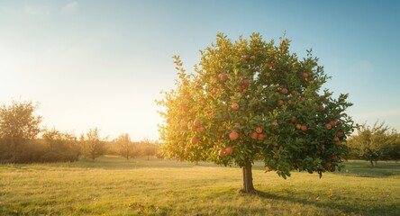 Fototapeta premium Fruit laden apple tree basking in golden daylight on a clear day