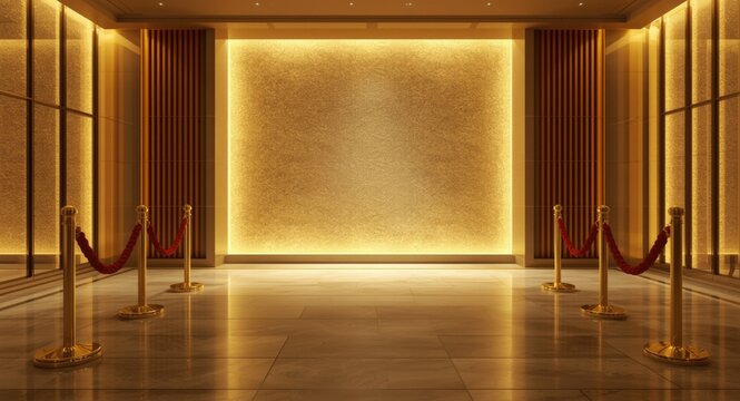 Luxury hotel reception glowing with ambient light and elegant golden stanchions for design background