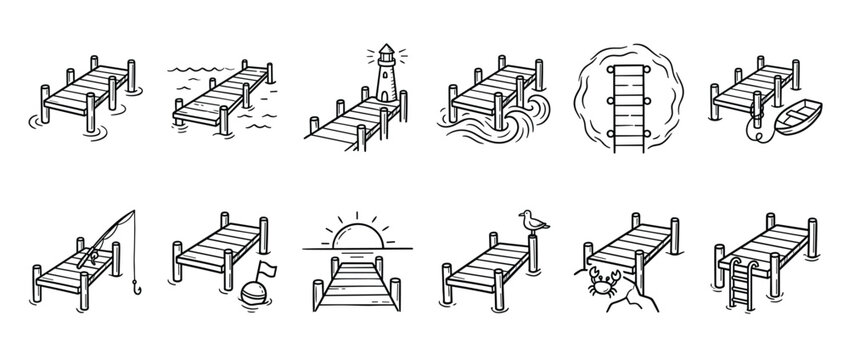Collection of hand-drawn dock and pier illustrations depicting various water activities and marine elements in a simple, charming style