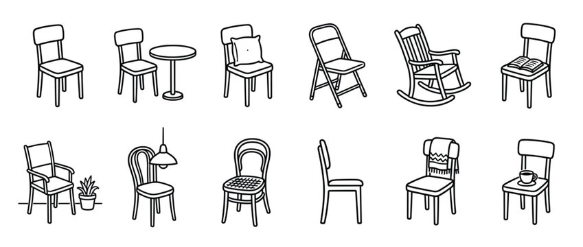 Collection of various chairs and furniture items, including a rocking chair, folding chair, and a chair with a book, all depicted in a simple black and white line art style