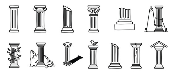 Fototapeta premium Collection of various ancient Greek and Roman architectural columns in a simple line art style