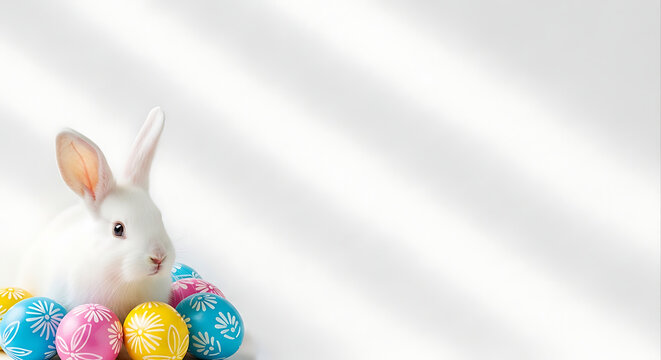 White rabbit sitting with colorful Easter eggs on white background transparent background