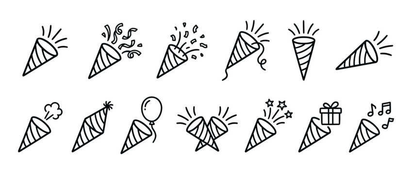 Collection of black outline party popper icons, some exploding with confetti, streamers, and stars, in a clean, graphic style