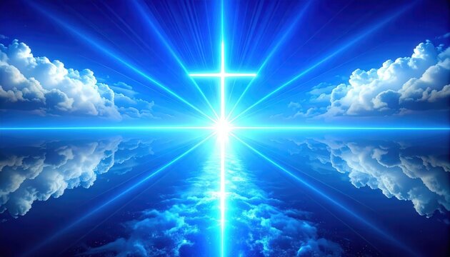 Une croix chr&eacute;tienne lumineuse rayonnant dans un ciel bleu profond avec des nuages blancs et un reflet serein sur une surface d'eau calme.