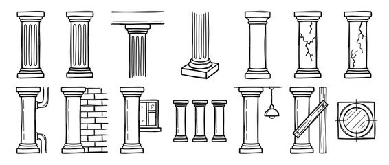 Fototapeta premium Various hand-drawn architectural columns and building elements are depicted in a simple black and white doodle style, showcasing different designs and conditions