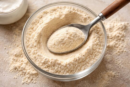 Glass Bowl of Guar Gum Powder with Spoon on Surface
