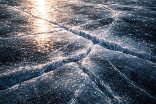 Sunlit cracked ice texture with natural fissures