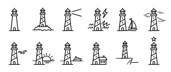 Fototapeta premium Collection of twelve simple black outline lighthouse icons depicting various nautical and weather scenarios