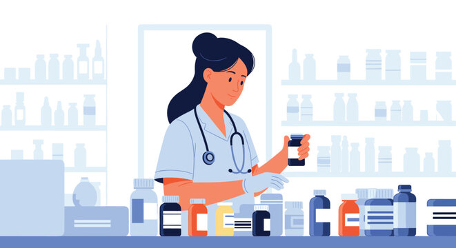 Professional female pharmacist in a lab coat and gloves organizing various medicine bottles on a shelf in a modern pharmacy.